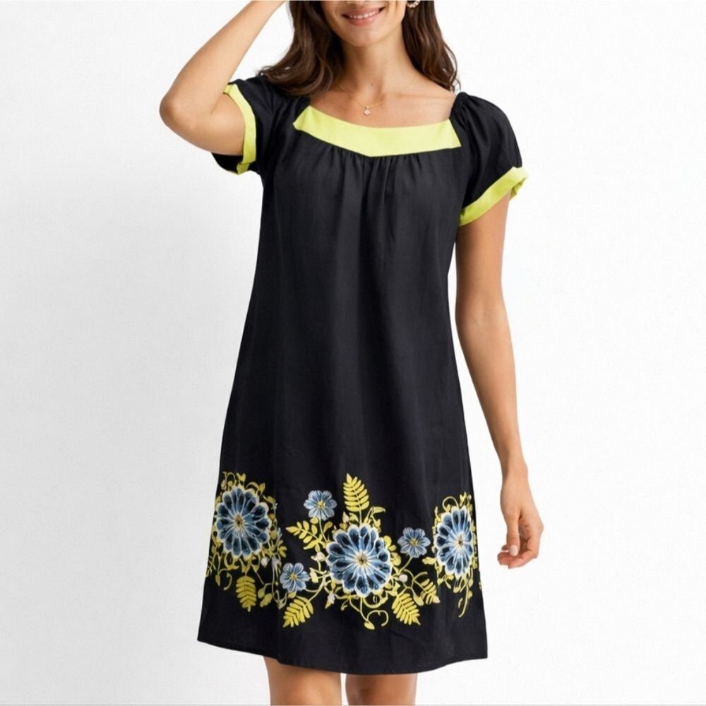 Embroidered Cotton Mini Dress Summer Puffy Short Sleeve Lined Black Lime Size 10